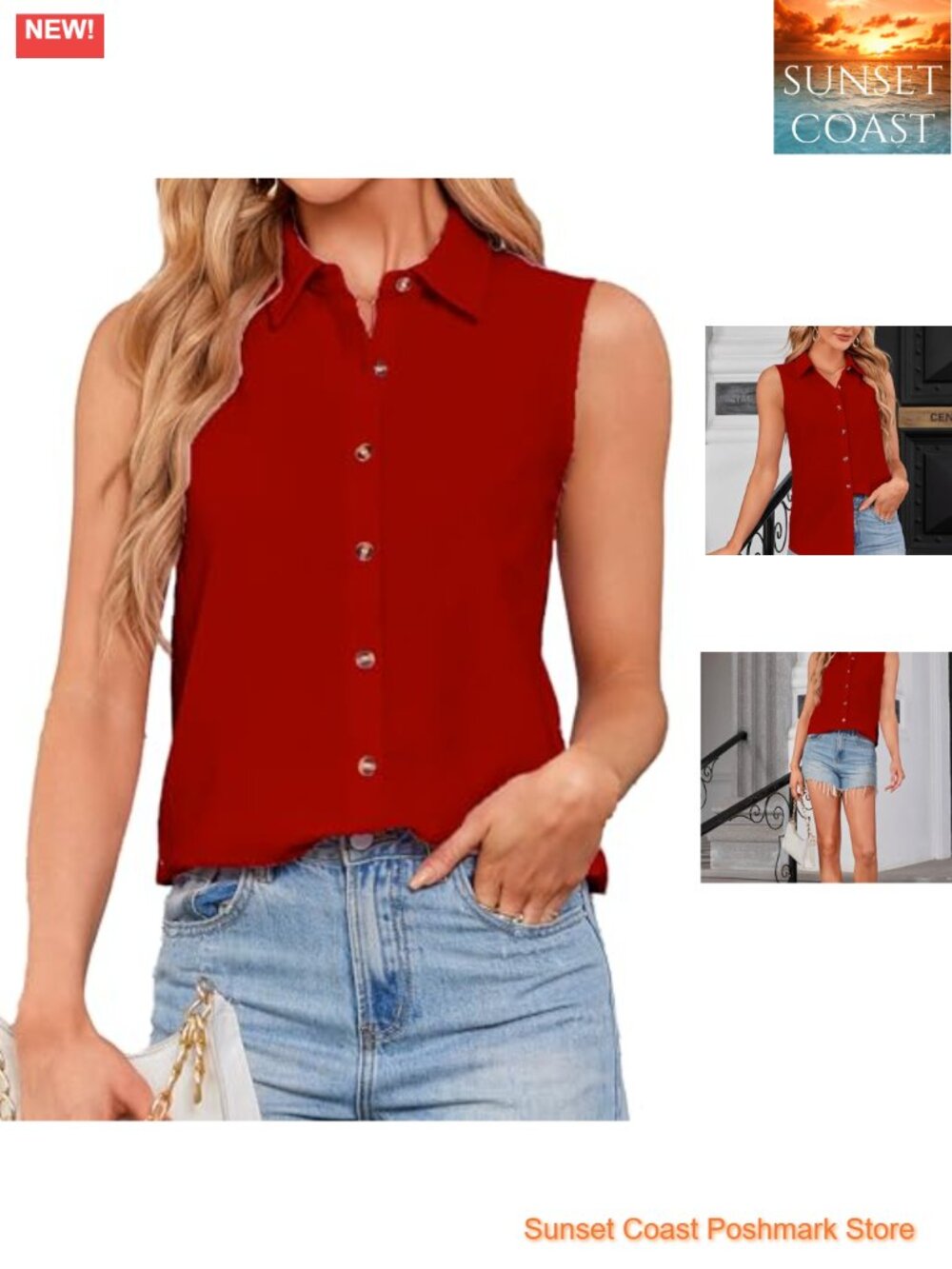 Cotton Linen Sleeveless Button Down Shirt Slim Fit Women Collared Top